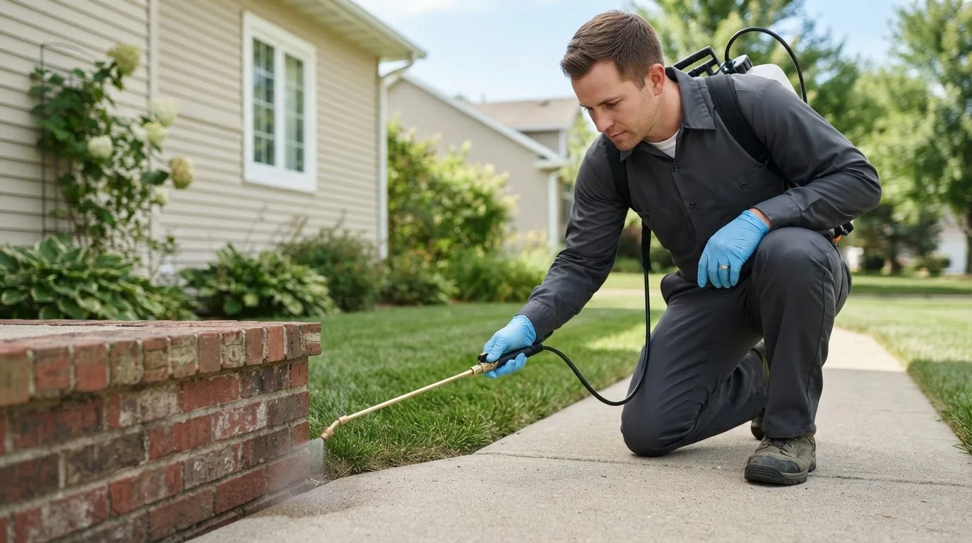 Pest control technician treating a home near South Thomaston, ME